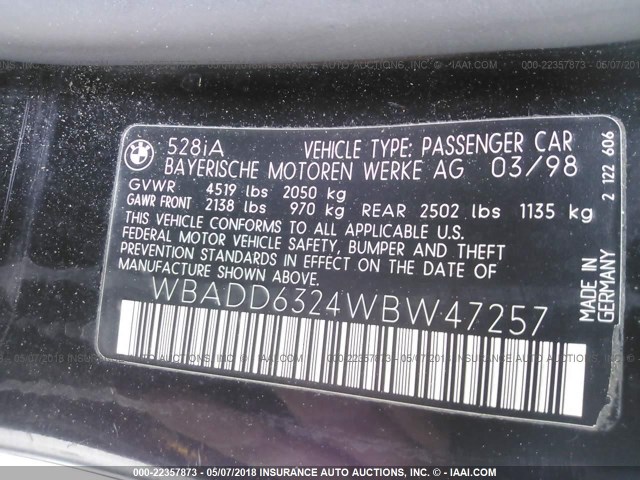 WBADD6324WBW47257 - 1998 BMW 528 I AUTOMATIC BLACK photo 9