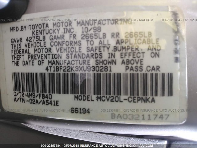 4T1BF22K3XU930281 - 1999 TOYOTA CAMRY LE/XLE GOLD photo 9