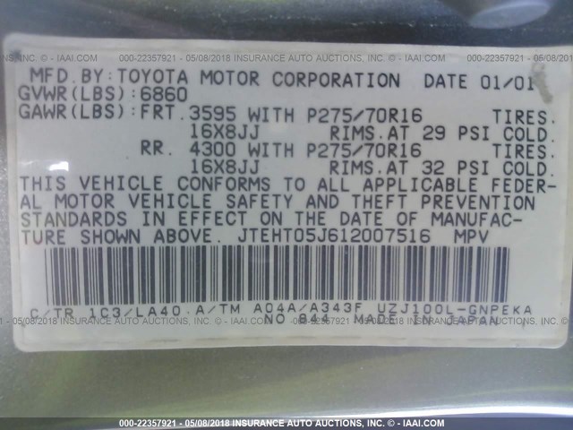 JTEHT05J612007516 - 2001 TOYOTA LAND CRUISER  GRAY photo 9