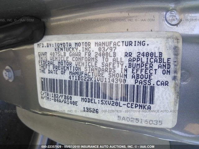 4T1BG22K1VU114390 - 1997 TOYOTA CAMRY CE/LE/XLE 棕色 照片 9