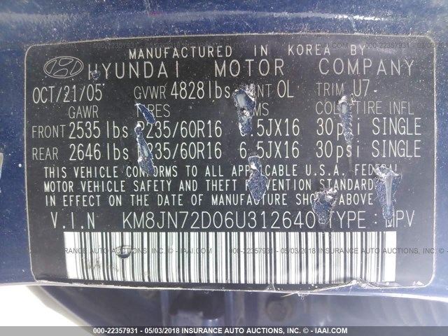 KM8JN72D06U312640 - 2006 HYUNDAI TUCSON GLS/LIMITED 蓝色 照片 9