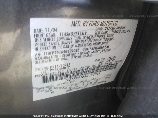 1FAFP24165G132026 - 2005 FORD FIVE HUNDRED SEL GRAY photo 9