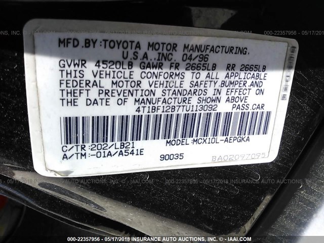 4T1BF12B7TU113092 - 1996 TOYOTA AVALON XL/XLS BLACK photo 9