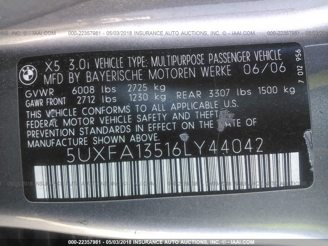 5UXFA13516LY44042 - 2006 BMW X5 3.0I GRAY photo 9