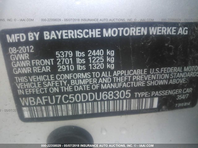 WBAFU7C50DDU68305 - 2013 BMW 535 XI SILVER photo 9