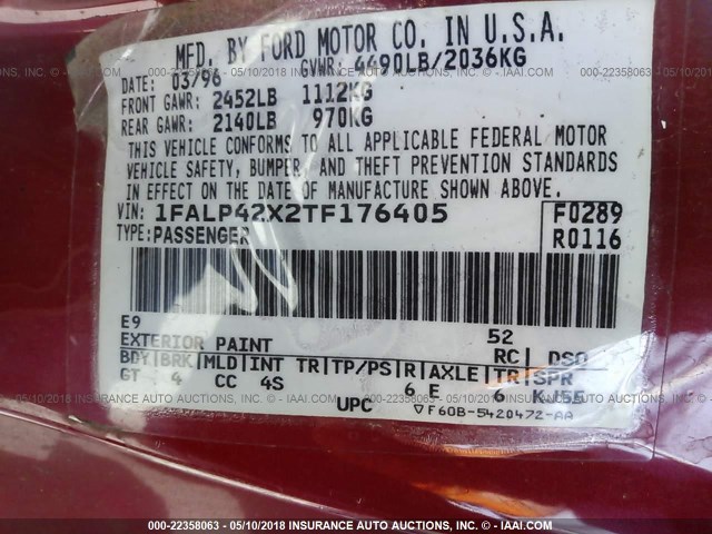 1FALP42X2TF176405 - 1996 FORD MUSTANG GT RED photo 9