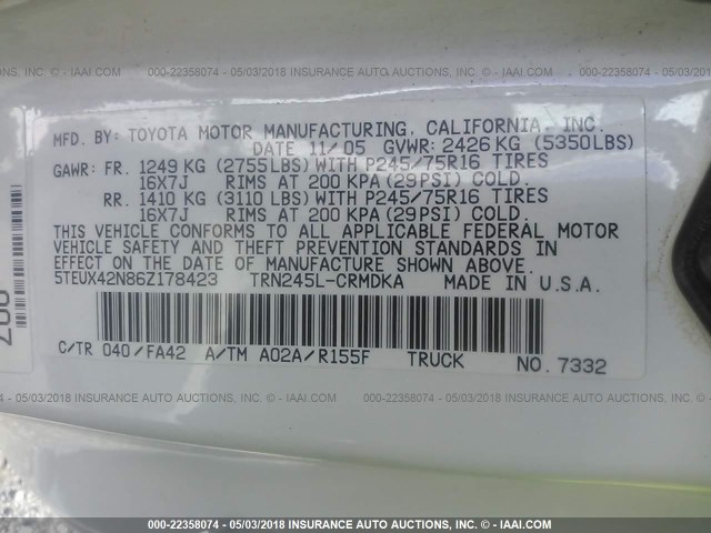 5TEUX42N86Z178423 - 2006 TOYOTA TACOMA ACCESS CAB WHITE photo 9