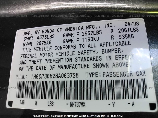 1HGCP36828A063728 - 2008 HONDA ACCORD EXL GRAY photo 9