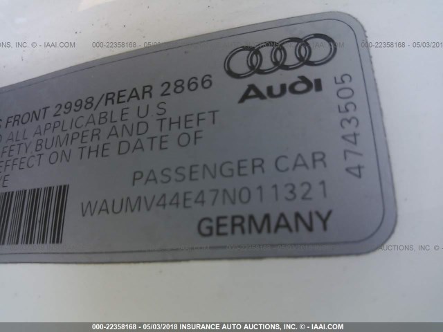 WAUMV44E47N011321 - 2007 AUDI A8 L QUATTRO WHITE photo 9