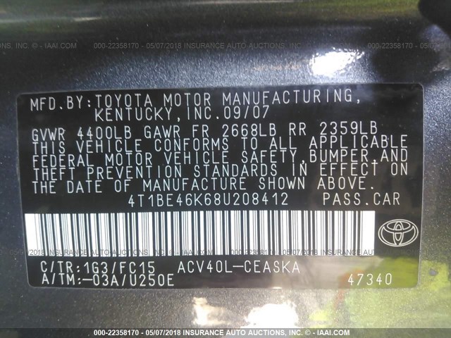 4T1BE46K68U208412 - 2008 TOYOTA CAMRY CE/LE/XLE/SE GRAY photo 9