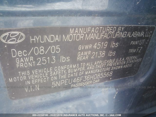 5NPEU46F36H085568 - 2006 HYUNDAI SONATA GLS/LX BLUE photo 9