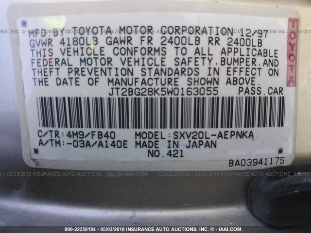 JT2BG28K5W0163055 - 1998 TOYOTA CAMRY LE/XLE Champagne photo 9