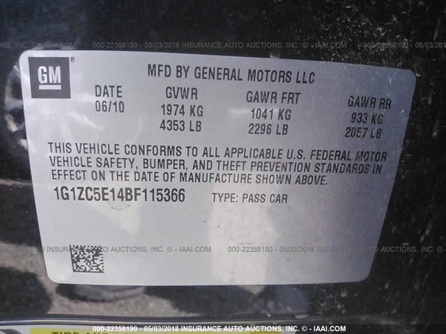 1G1ZC5E14BF115366 - 2011 CHEVROLET MALIBU 1LT 黑色 照片 9