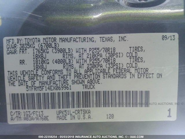 5TFRM5F14EX069961 - 2014 TOYOTA TUNDRA DOUBLE CAB SR/SR5 GRAY photo 9