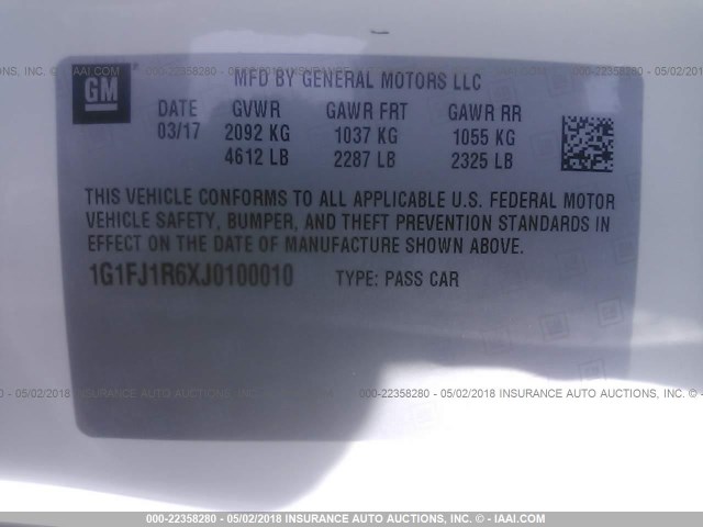 1G1FJ1R6XJ0100010 - 2018 CHEVROLET CAMARO ZL1 白色 照片 9