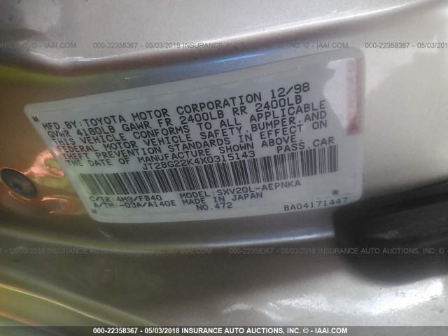 JT2BG22K4X0315143 - 1999 TOYOTA CAMRY LE/XLE GOLD photo 9