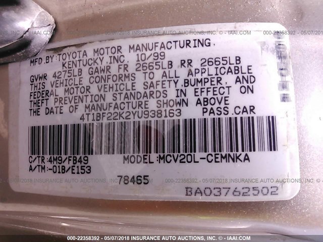 4T1BF22K2YU938163 - 2000 TOYOTA CAMRY LE/XLE TAN photo 9