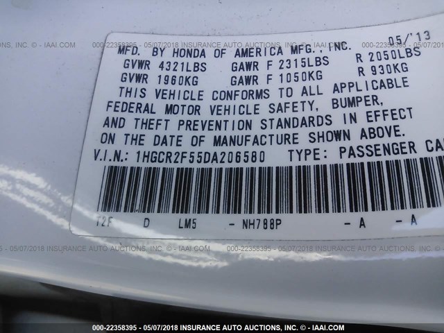 1HGCR2F55DA206580 - 2013 HONDA ACCORD SPORT თეთრი ფოტო 9