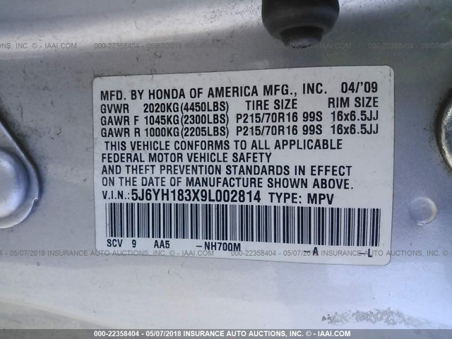 5J6YH183X9L002814 - 2009 HONDA ELEMENT LX SILVER photo 9