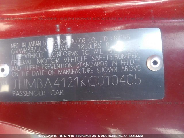 JHMBA4121KC010405 - 1989 HONDA PRELUDE 2.0S RED photo 9