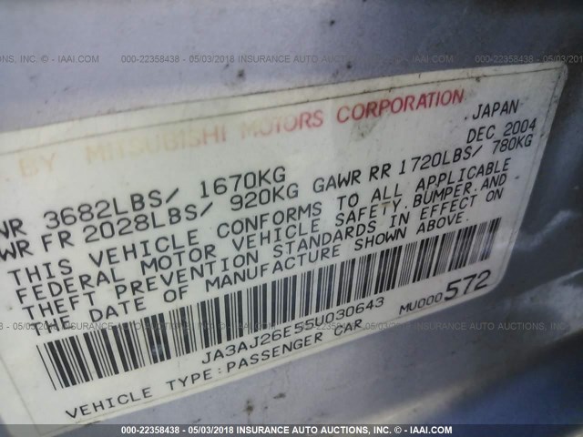 JA3AJ26E55U030643 - 2005 MITSUBISHI LANCER ES SILVER photo 9