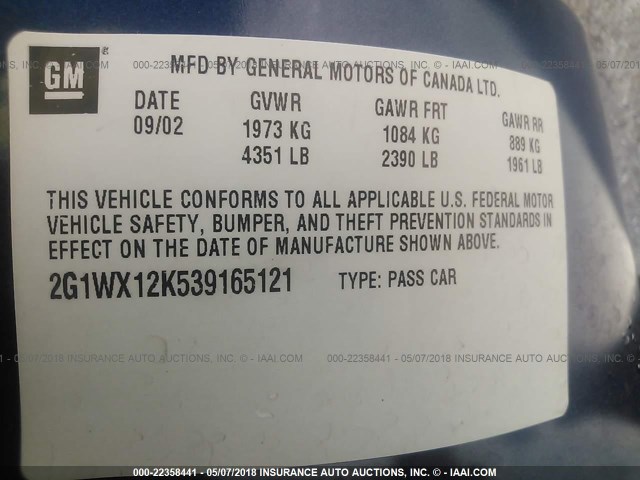 2G1WX12K539165121 - 2003 CHEVROLET MONTE CARLO SS ლურჯი ფოტო 9