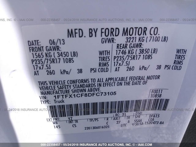 1FTFX1CF8DFC73105 - 2013 FORD F150 SUPER CAB WHITE photo 9