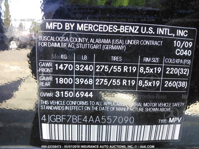 4JGBF7BE4AA557090 - 2010 MERCEDES-BENZ GL 450 4MATIC BLACK photo 9