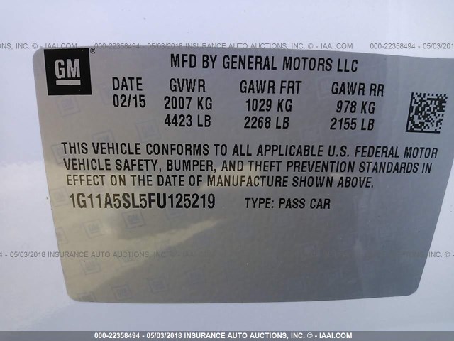 1G11A5SL5FU125219 - 2015 CHEVROLET MALIBU LS WHITE photo 9