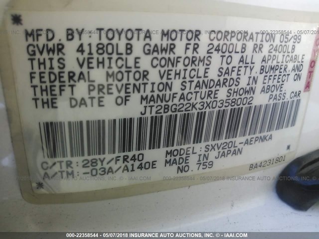 JT2BG22K3X0358002 - 1999 TOYOTA CAMRY LE/XLE Սպիտակ լուսանկար 9