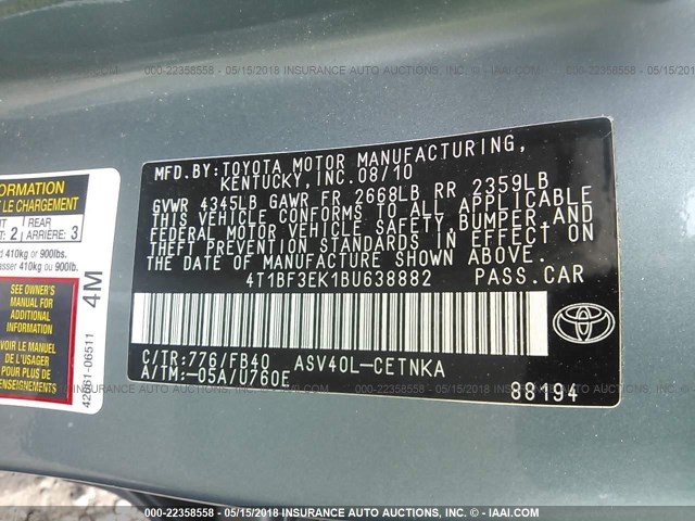 4T1BF3EK1BU638882 - 2011 TOYOTA CAMRY SE/LE/XLE GREEN photo 9