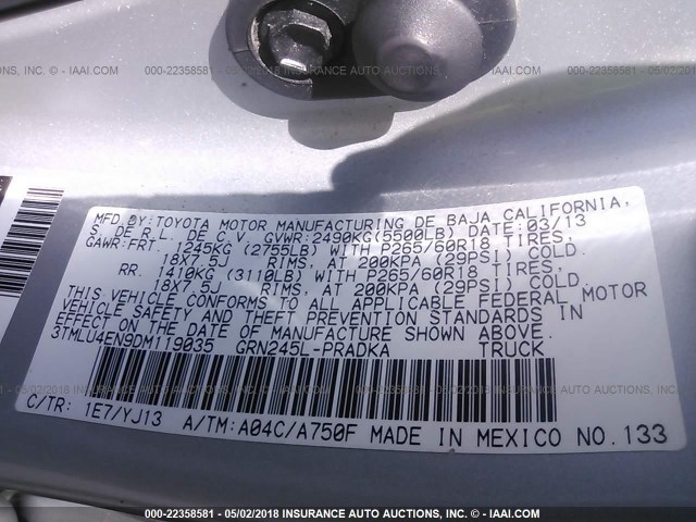 3TMLU4EN9DM119035 - 2013 TOYOTA TACOMA DOUBLE CAB ვერცხლისფერი ფოტო 9