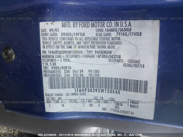 1FAHP38392W120545 - 2002 FORD FOCUS ZTS BLUE photo 9