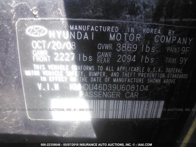 KMHDU46D39U608104 - 2009 HYUNDAI ELANTRA GLS/SE BLACK photo 9