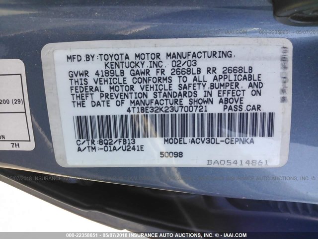 4T1BE32K23U700721 - 2003 TOYOTA CAMRY LE/XLE/SE BLUE photo 9