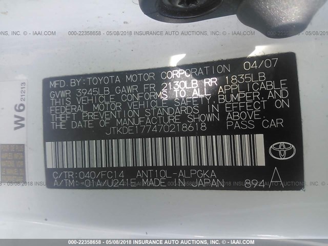 JTKDE177470218618 - 2007 TOYOTA SCION TC 白色 照片 9