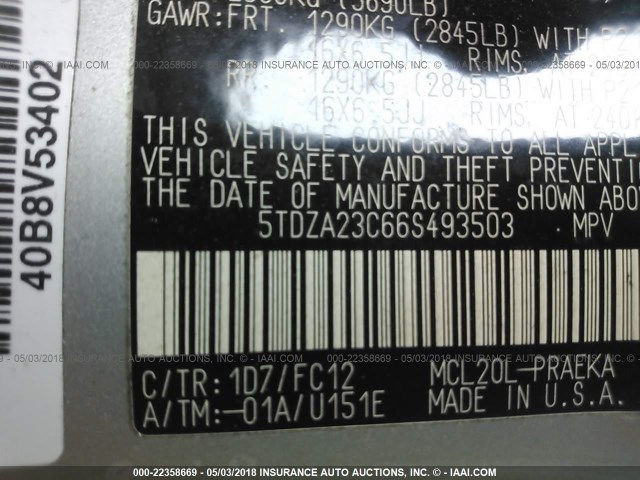 5TDZA23C66S493503 - 2006 TOYOTA SIENNA CE/LE SILVER photo 9