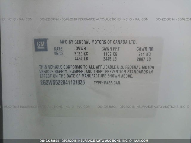 2G2WS522041131833 - 2004 PONTIAC GRAND PRIX GT2 თეთრი ფოტო 9