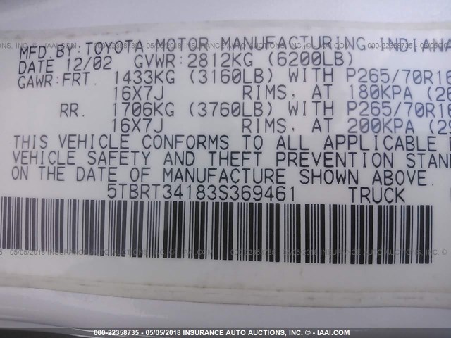 5TBRT34183S369461 - 2003 TOYOTA TUNDRA ACCESS CAB SR5 WHITE photo 9