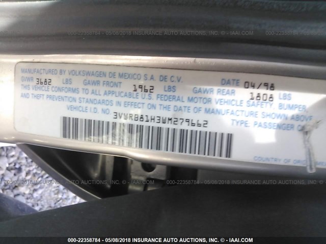 3VWRB81H3WM279662 - 1998 VOLKSWAGEN JETTA GL SILVER photo 9