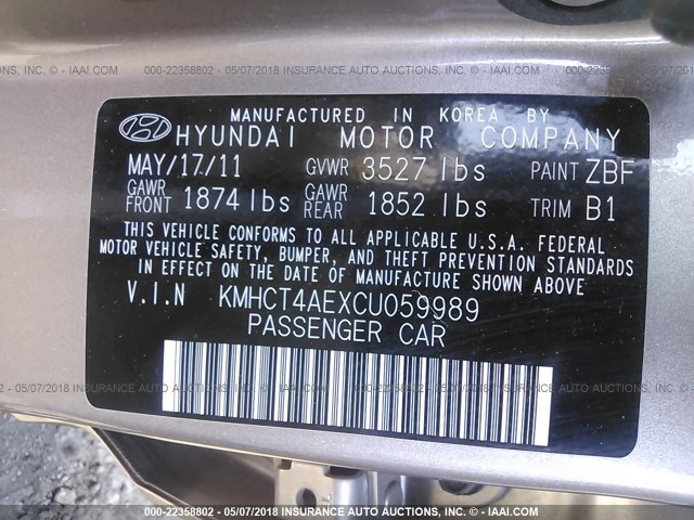 KMHCT4AEXCU059989 - 2012 HYUNDAI ACCENT GLS/GS GRAY photo 9