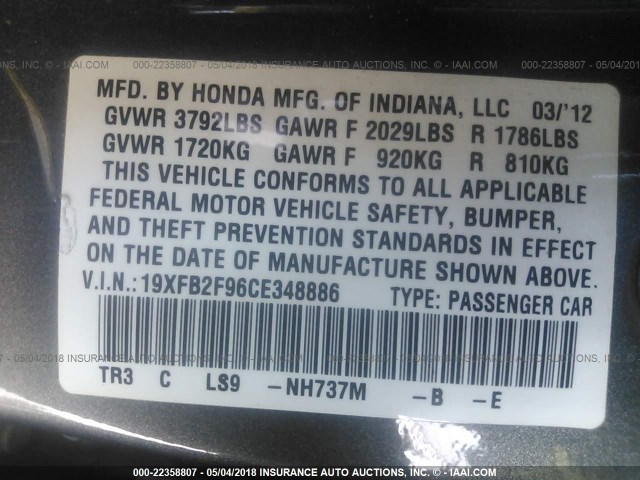 19XFB2F96CE348886 - 2012 HONDA CIVIC EXL GRAY photo 9