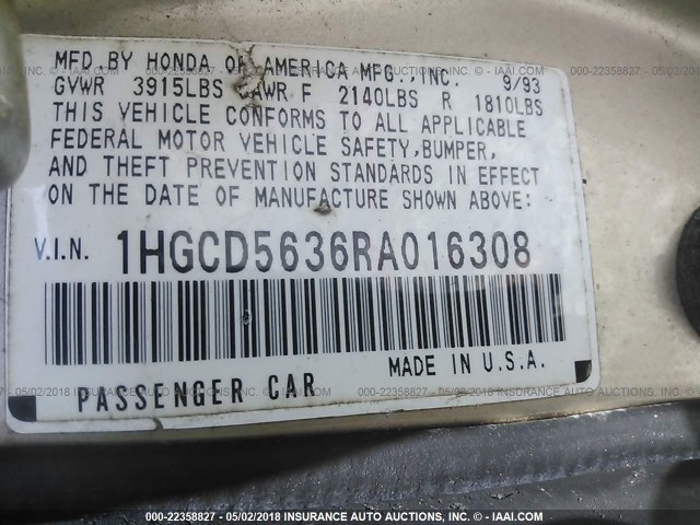 1HGCD5636RA016308 - 1994 HONDA ACCORD LX/EX GOLD photo 9