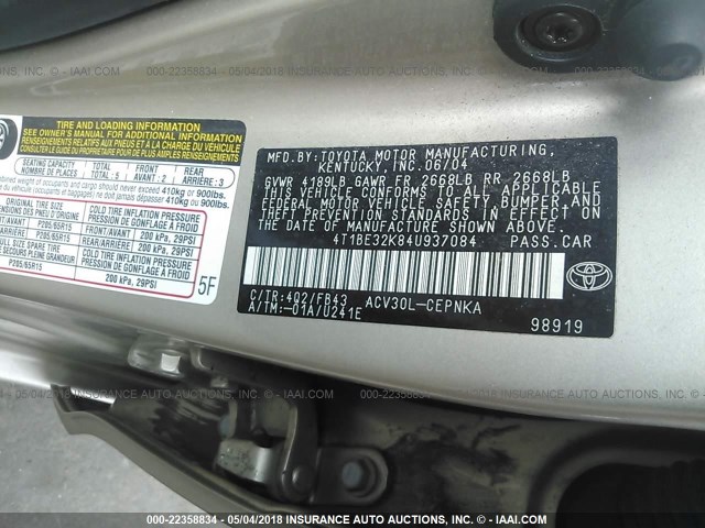 4T1BE32K84U937084 - 2004 TOYOTA CAMRY LE/XLE/SE 米色 照片 9