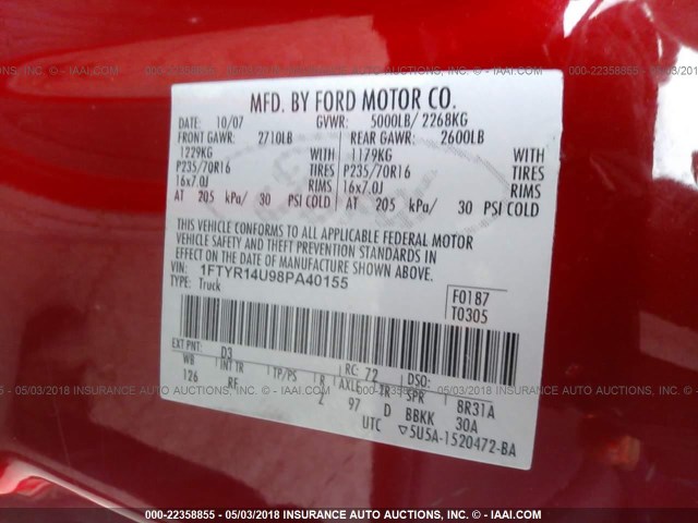 1FTYR14U98PA40155 - 2008 FORD RANGER SUPER CAB RED photo 9