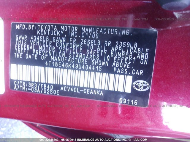 4T1BE46K49U404415 - 2009 TOYOTA CAMRY SE/LE/XLE 红色 照片 9