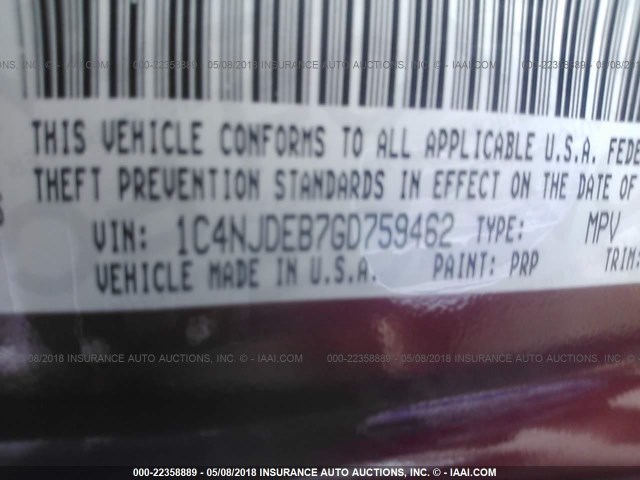 1C4NJDEB7GD759462 - 2016 JEEP COMPASS LATITUDE 红色 照片 9