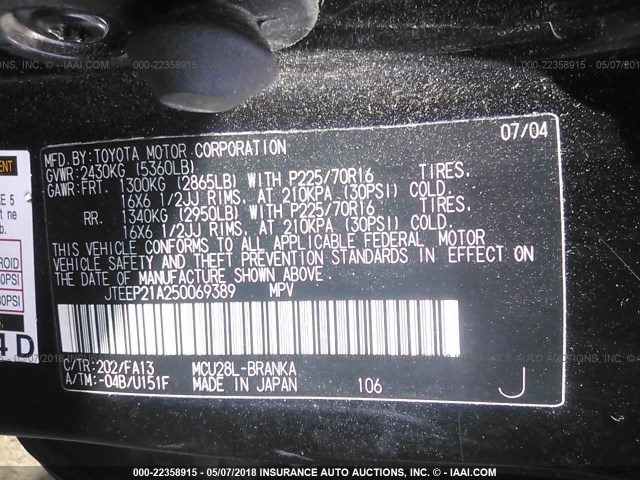 JTEEP21A250069389 - 2005 TOYOTA HIGHLANDER LIMITED BLACK photo 9