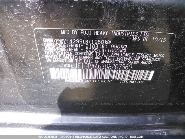 JF1GPAA63G8207860 - 2016 SUBARU IMPREZA GRAY photo 9