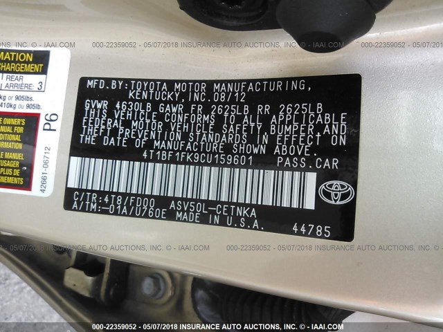 4T1BF1FK9CU159601 - 2012 TOYOTA CAMRY SE/LE/XLE GOLD photo 9